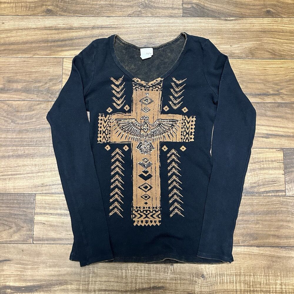 Y2K Women’s Waffle Knit Thermal Cross Aztec Bird Graphic Made In USA Sz Medium